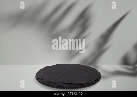 Fern leaf shadow and a black stone slab on gray background, abstract backdrop Stock Photo