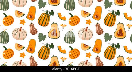 Seamless pattern with autumn pumpkins squashes and flowers on white background flat Stock Vector