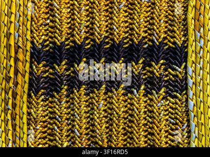 Close-up of traditional handwoven pattern with yellow and black geometric texture, ideal as an ethnic background and artisan craft design. Stock Photo