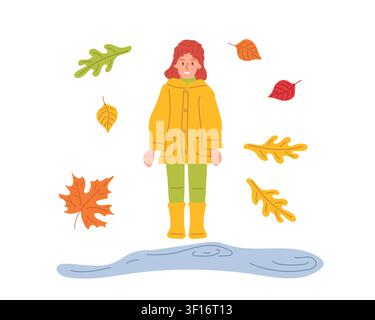 Girl in yellow raincoat and rubber boots standing in front of puddle. Rainy autumn mood. Vector illustration. for seasonal card Stock Vector