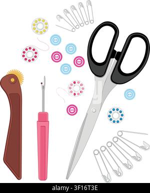 Sewing tools and accessories vector set featuring scissors, seam ripper, tracing wheel, buttons, safety pins, hand sewing needles, and thread reels is Stock Vector