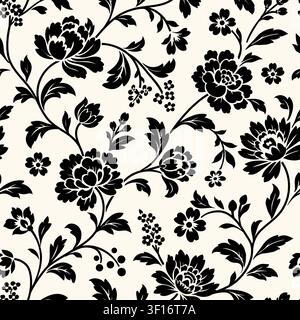 Trailing chintz floral design, monochrome black silhouette on cream background. Intertwining vines, blossoms, leaves in hand-drawn seamless vector pat Stock Vector