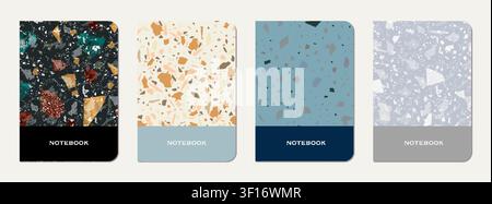 Note book cover design. Terrazzo abstract background made of natural stones, granite, quartz and marble. Venetian terrazzo texture note book template. Stock Vector