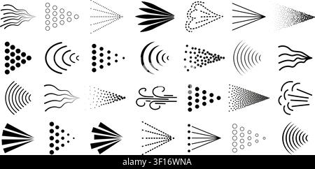 Spray mist icon pack isolated on transparent background. Black spray steam icons. Fluid, air, aerosol cloud, nebulizer, steam spraying symbols set. Ve Stock Vector