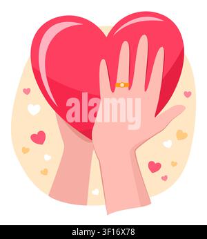 Human Hands with Ring on Ring Finger Holding Pink Heart Shape for Love Affection Relationship and Valentine's Day Concept Illustration Clip Art Stock Vector