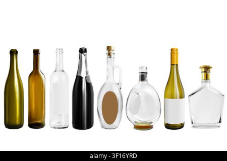 Collection of empty alcohol glass bottles isolated on white background Stock Photo