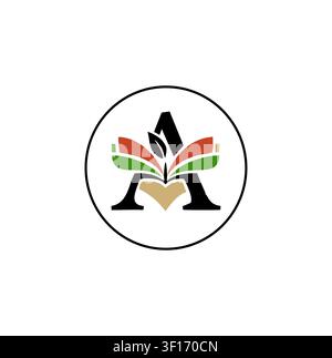 Letter A Education Logo Design with Book and Leaves Stock Vector
