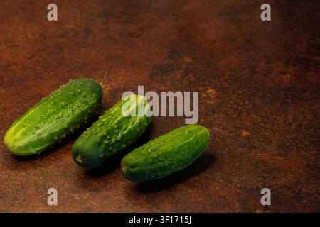 Studio close-up shot of three fresh, raw, whole green cucumbers arranged diagonally on a dark, rustic, textured kitchen surface with copy space for te Stock Photo