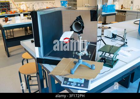 A wind tunnel built by high school students for conducting aerodynamic experiments in their physics lab class Stock Photo