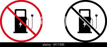 No Electric Charging Station Prohibition Sign Icon Set. Forbidden Electric Vehicle Charging Warning And Restriction Symbol Collection. Stop And Ban Stock Vector