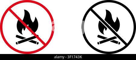 No Campfire Prohibition Sign Icon Set. Forbidden Campfire Warning And Restriction Symbol Collection. Stop And Ban Notice. Isolated Vector Illustration Stock Vector
