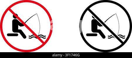 No Fishing Prohibition Sign Icon Set. Forbidden Fishing Warning And Restriction Symbol Collection. Stop And Ban Notice. Isolated Vector Illustration Stock Vector