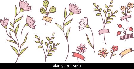 Floral Doodles with Decorative Tape and Banners. Pastel Hand Drawn Botanical Scrapbook Elements, Colored Line Art Flowers, Berries, Branches and Ribbo Stock Vector