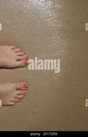 Overhead view of a woman standing barefoot on the beach in wet sand, Australia Stock Photo