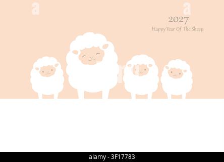 2027, The Year Of The Sheep, Vector New Year’s Greeting Card Template With A Cute Sheep Family And Text Space. Stock Vector