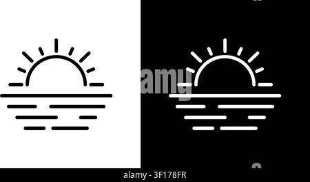 Sunrise Over Water Line Icon Set. Morning, New Beginnings, And Tranquility Outline Symbol Collection. Nature And Relaxation Theme. Editable Stroke Stock Vector