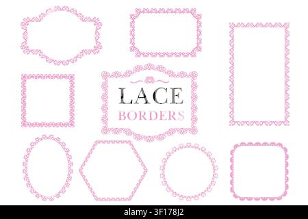 Collection of pink lace border frames with decorative scalloped floral outlines in assorted geometric shapes isolated on a white background Stock Vector