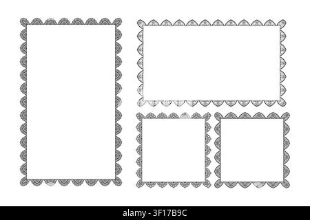 Collection of decorative lace frames featuring vintage rectangular and square borders with ornate crochet inspired scalloped edges isolated on a white Stock Vector