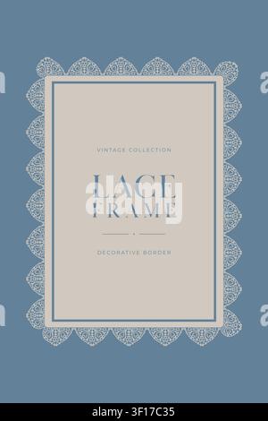 Vintage vertical lace poster frame with an elegant rectangular crochet inspired border in blue and beige for stationery covers invitations posters and Stock Vector