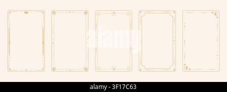 Celestial boho gold frames, dividers. Esoteric deco border set. Elegant thin lines, moon crescent, sun, stars decorations on beige background. Tarot card template, occult design. Vector illustration Stock Vector
