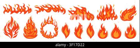 Fire graffiti set with noise grain texture. Hand drawn cartoon bonfire, fireball, wildfire campfire elements isolated. Hot blaze symbols sticker, tattoo, gas symbol graphic design. Vector illustration Stock Vector