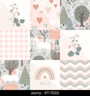 Seamless patchwork pattern with fairy unicorn forest, and kawaii baby pastel drawing. Cute and cozy nursery background. Vector illustration. Stock Vector