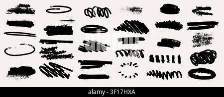 Black chalk or pencil in different form. Hand-drawn kid frames and lines in scribble style. Set ink doodle boxes curved lines and messy doodles.  Stock Vector