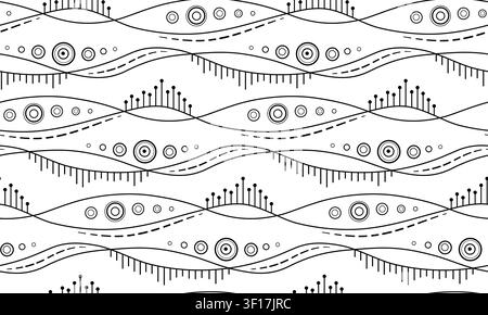 Monochrome abstract wavy seamless pattern. Black circles and lines on transparent background Stock Vector