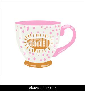 Illustration of a stylish porcelain mug with an inscription about coffee for the autumn season. Vector clipart of an elegant mug containing a warming beverage. Feminine-style illustration. Stock Vector