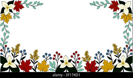 Autumn Floral Border Vector Frame with White Trillium Flowers and Rust Red Maple Leaves on White Background for Thanksgiving Invitation Card or Fall Stock Vector