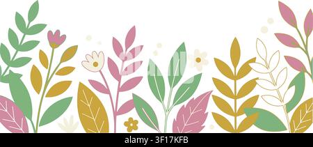 Boho Botanical Border Vector Illustration with Stylized Leaves and Flowers on White Background. Minimalist Floral Template with Copy Space for Stock Vector