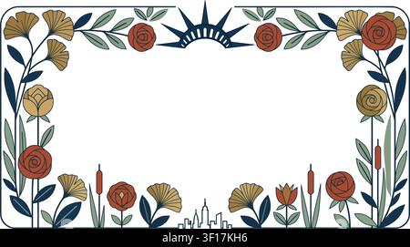 Elegant Art Deco New York City Floral Border Frame with Statue of Liberty and Skyline for Wedding Invitation or Travel Event Card Template Vector Stock Vector