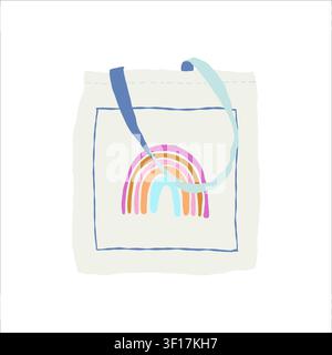 Vector flat illustration of a tote bag. Clipart of a white shopper bag with a rainbow. Trendy womens accessory. Hand-drawn image of a bag.  Stock Vector
