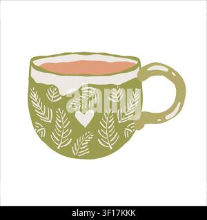 Illustration of a cozy mug with a heart for the autumn season. Coffee, tea. Vector clipart of a porcelain mug with a warming drink. Stock Vector