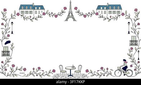 Paris Style Vector Illustration Set with French Cafes, Eiffel Tower, and Romantic Streets. Cute Hand-Drawn Parisian Lifestyle Elements for Travel and Stock Vector