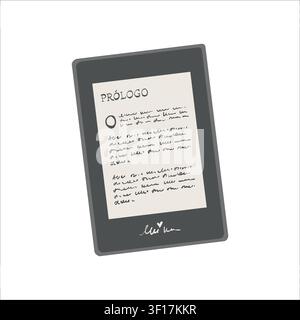 Electronic ebook reader device vector illustration with flat cartoon interface, digital library screen. Hand drawn clipart. Modern technology for education, learning, online reading platforms.  Stock Vector