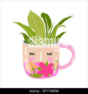 Flat illustration of a houseplant in a cute mug. Potted flower. Vector clipart of a houseplant isolated on a white background. Feminine style.  Stock Vector