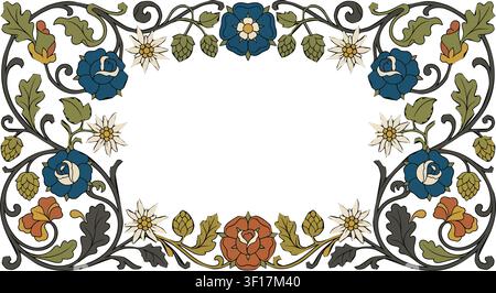 Art Nouveau Floral Frame Border with Blue Roses and Edelweiss Flowers, Elegant Vintage Folk Art Rectangular Decorative Ornament for Wedding Munich Stock Vector