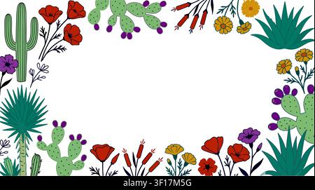 Mexico Vector Line Art Floral Frame Template: Hand-Drawn Doodle Border, Flowers, and Sketching Pens for Travel Stock Vector
