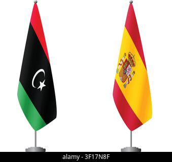 Libya and Spain flags on flagpoles for official ceremonies and meetings, transparent background vector Stock Vector