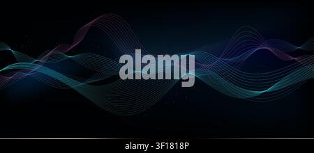 Neon vector music sound wave on black background. Audio digital equalizer technology, console panel pulse musical. Thin line curve background. Outline Stock Vector