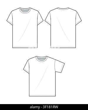 Basic t-shirt front and back view design technical flat sketch vector mockup template. Stock Vector