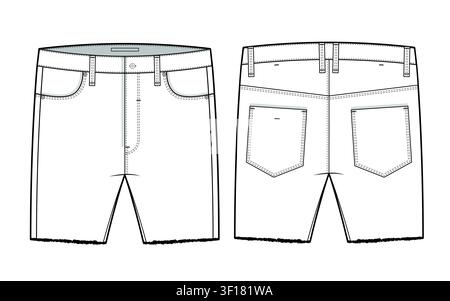 Men short jeans pant technical flat sketch vector mockup template. Stock Vector