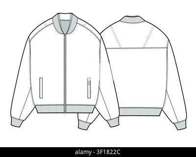 Varsity jacket vector design mockup template technical flat drawing. Stock Vector