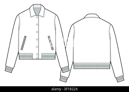 Harrington jackets flat sketch vector mockup template technical illustration. Stock Vector