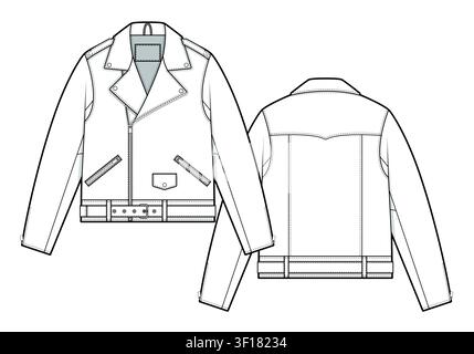 Biker jackets vector design mockup template technical flat sketch. Stock Vector