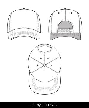 Baseball caps front, back and upper view mockup template vector design technical illustration. Stock Vector