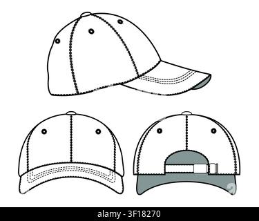 Baseball caps technical illustration vector mockup template. Stock Vector