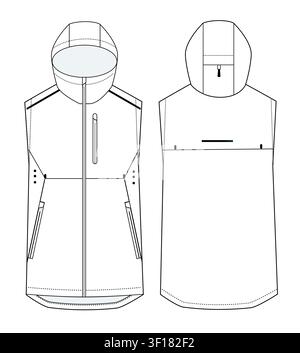 Sleeveless ski jacket design technical flat sketch vector mockup template. Stock Vector