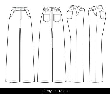 Female trouser front, back and side view vector design mockup template technical flat drawing. Stock Vector